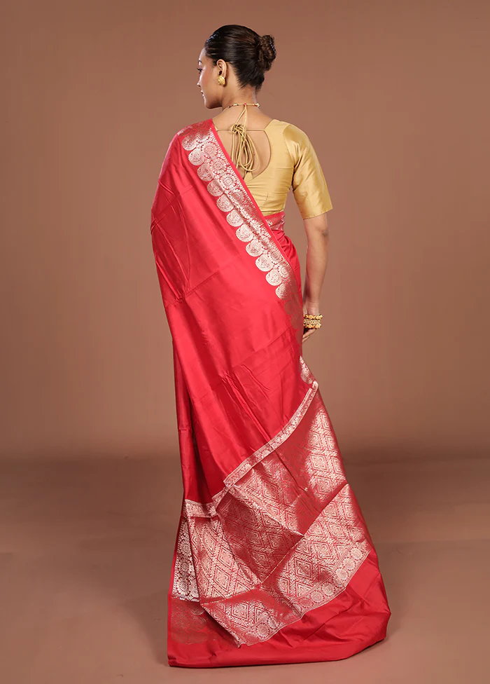 Red Handloom Dupion Pure Silk Saree With Blouse Piece - Image 3