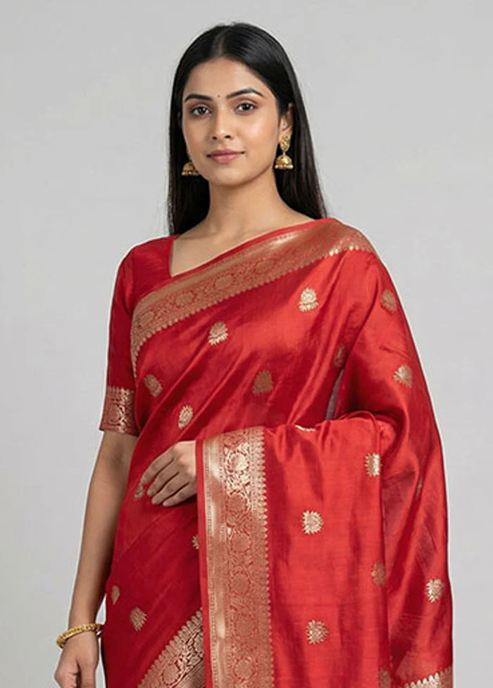 Red Handloom Dupion Pure Silk Saree With Blouse Piece - Image 2