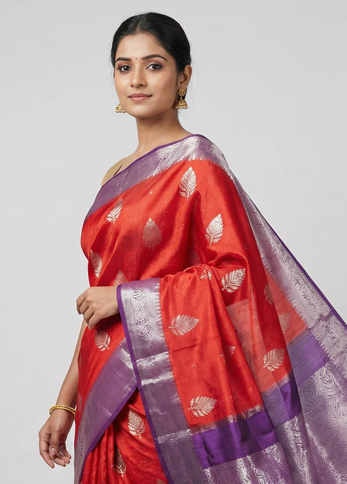 Red Handloom Dupion Pure Silk Saree With Blouse Piece - Image 2