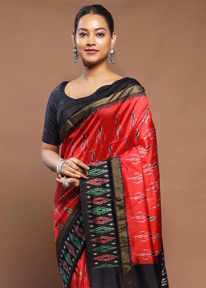 Red Handloom Ikkat Pure Silk Saree With Blouse Piece - Image 2