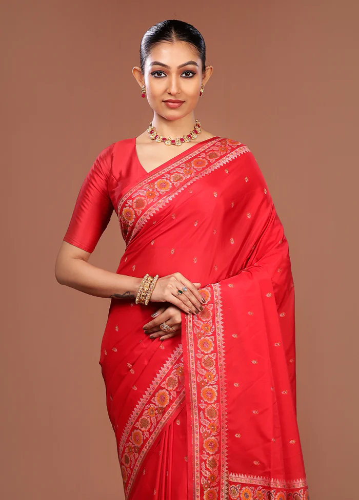 Red Handloom Jamewar Pure Silk Saree With Blouse Piece