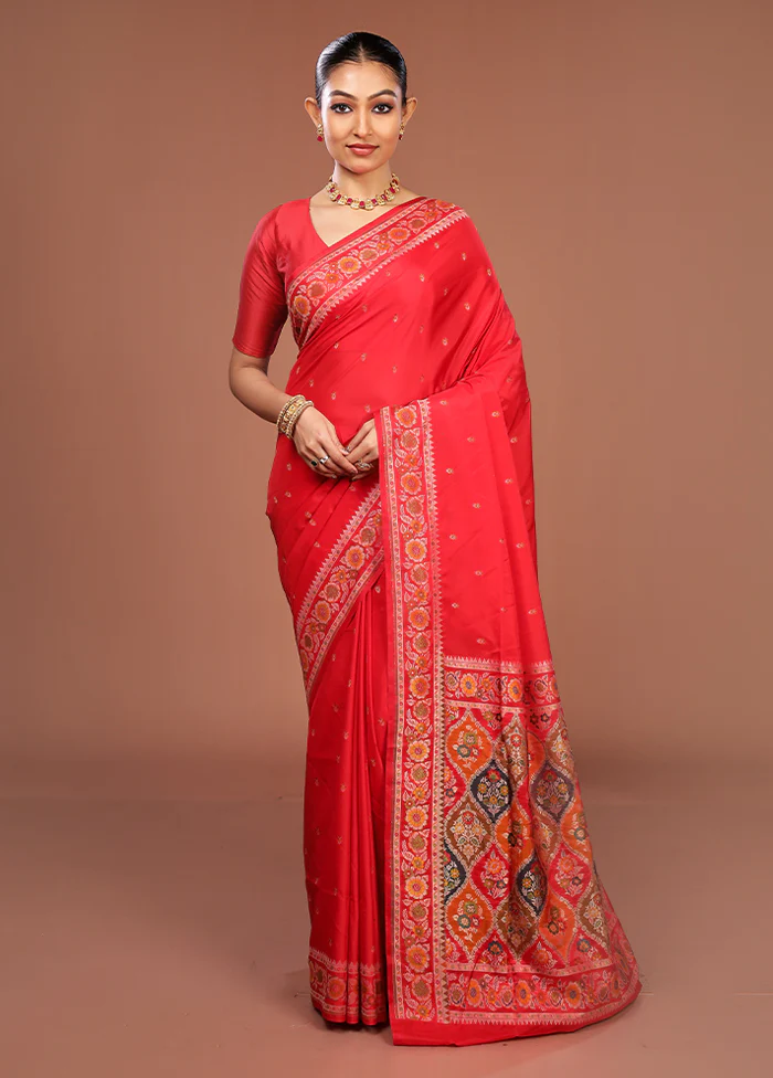 Red Handloom Jamewar Pure Silk Saree With Blouse Piece - Image 2