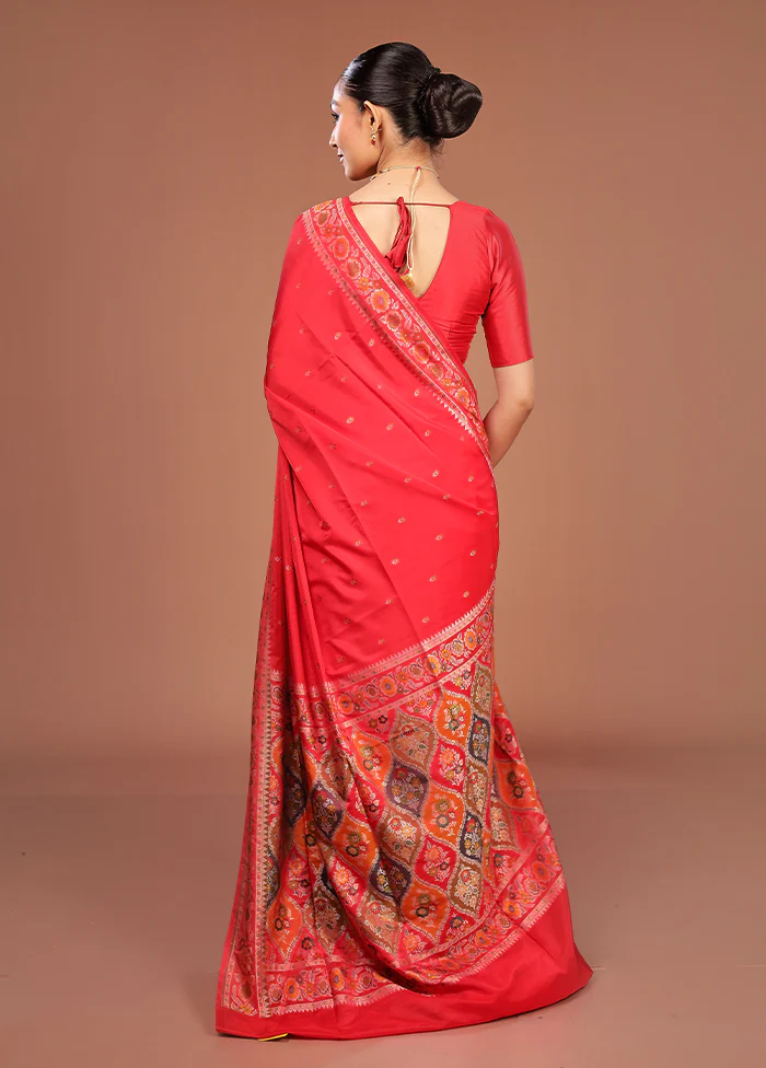Red Handloom Jamewar Pure Silk Saree With Blouse Piece - Image 3