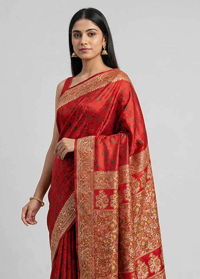 Red Handloom Jamewar Pure Silk Saree With Blouse Piece - Image 2
