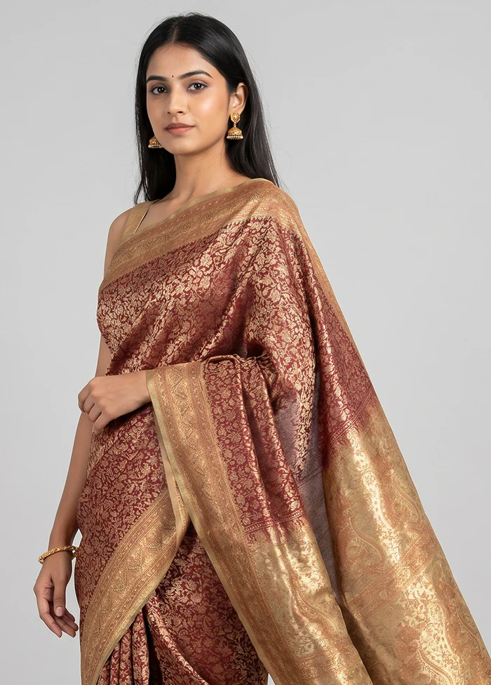Red Handloom Jamewar Pure Silk Saree With Blouse Piece - Image 2