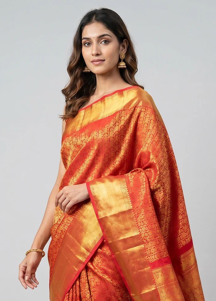 Red Handloom Kanchipuram Pure Silk Saree With Blouse Piece - Image 2