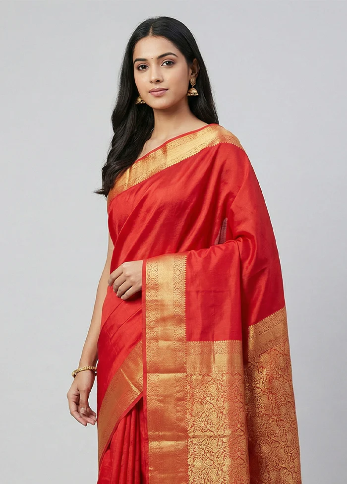 Red Handloom Kanchipuram Pure Silk Saree With Blouse Piece - Image 2