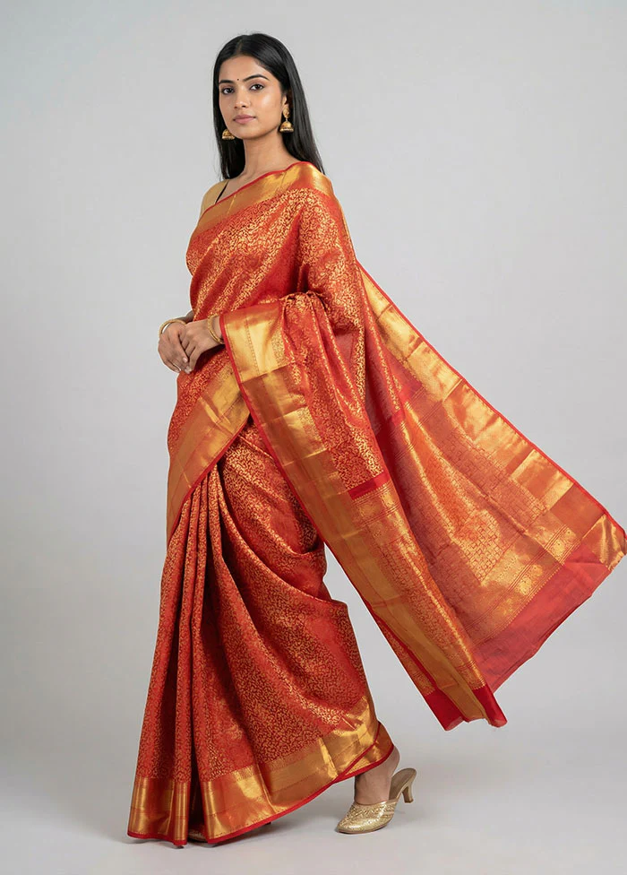 Red Handloom Kanchipuram Pure Silk Saree With Blouse Piece