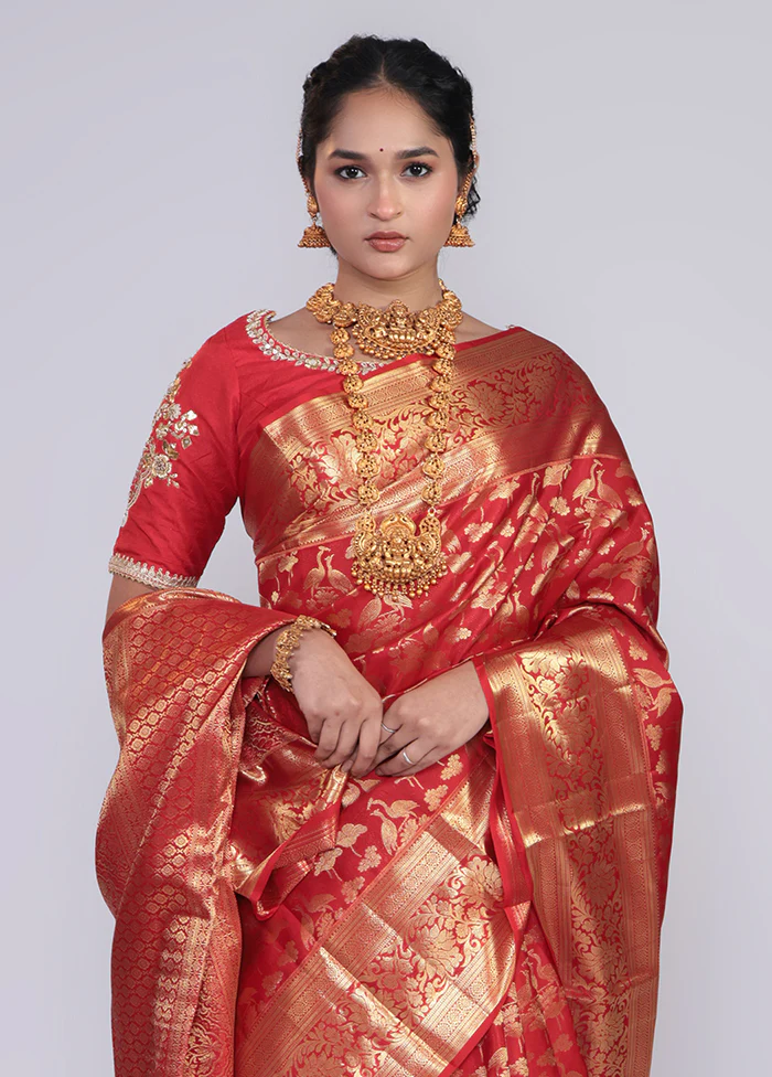 Red Handloom Kanchipuram Pure Silk Saree With Blouse Piece - Image 2