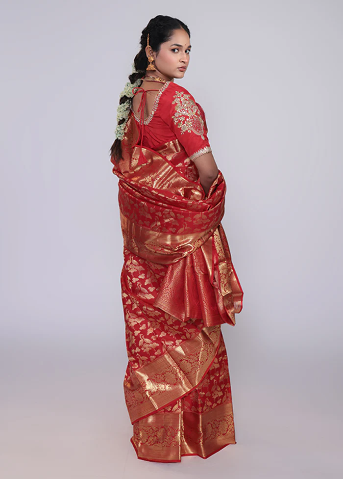 Red Handloom Kanchipuram Pure Silk Saree With Blouse Piece - Image 3