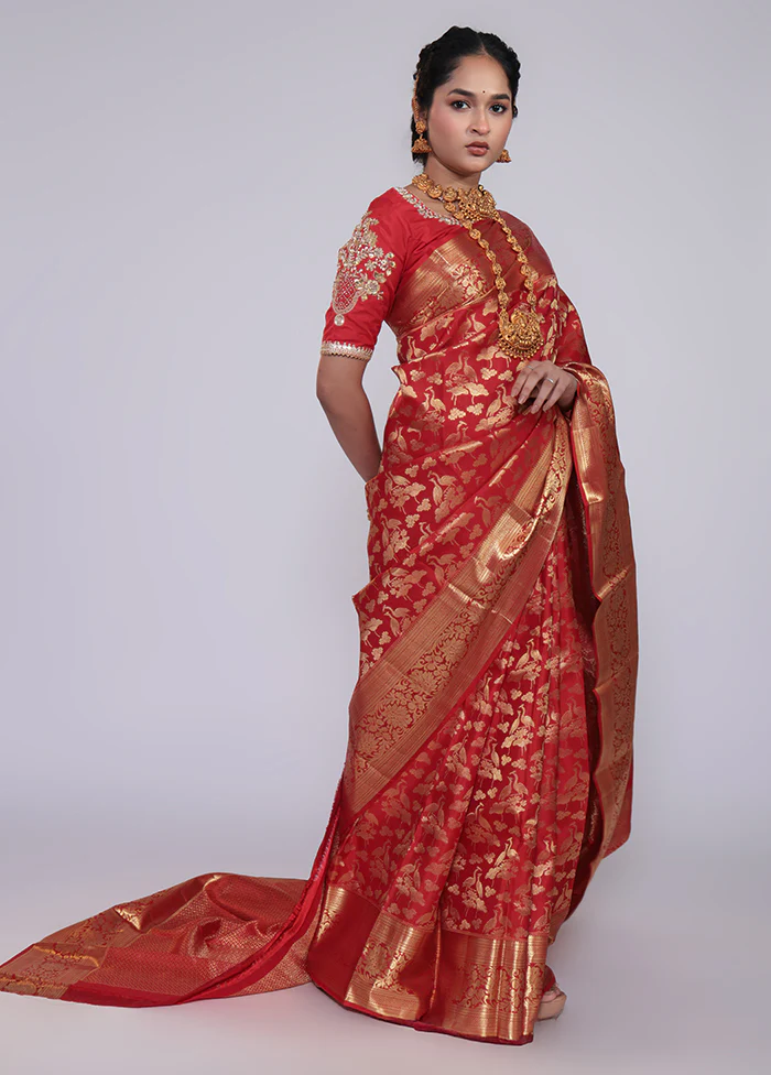 Red Handloom Kanchipuram Pure Silk Saree With Blouse Piece - Image 4