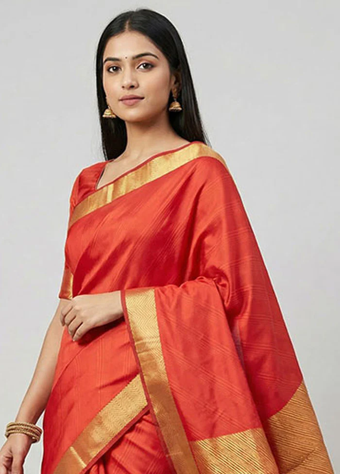 Red Handloom Kanjivaram Pure Silk Saree With Blouse Piece - Image 2