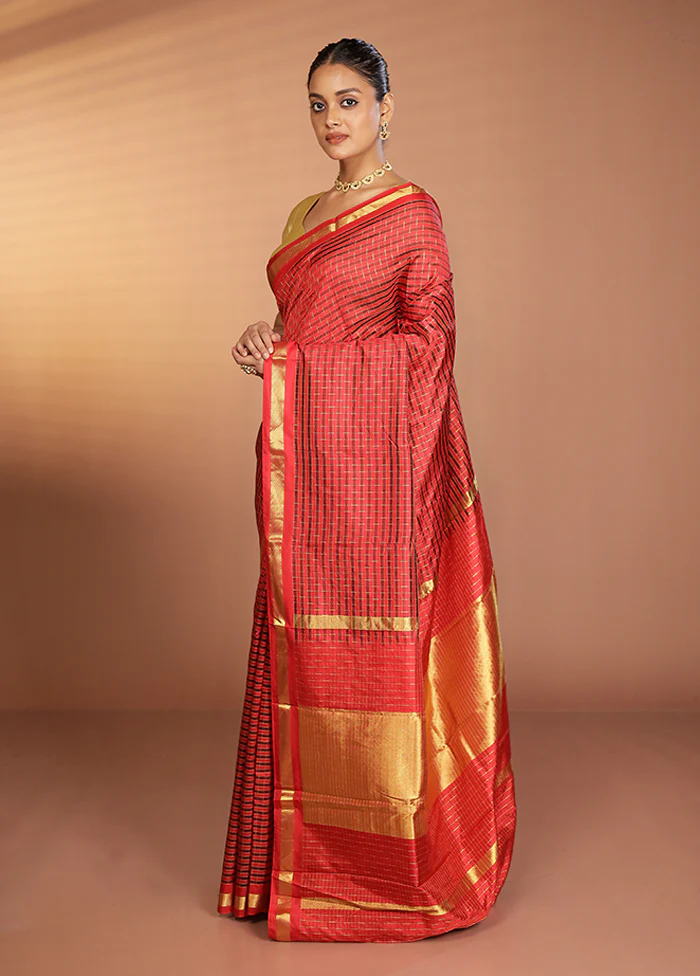 Red Handloom Kanjivaram Pure Silk Saree With Blouse Piece - Image 4