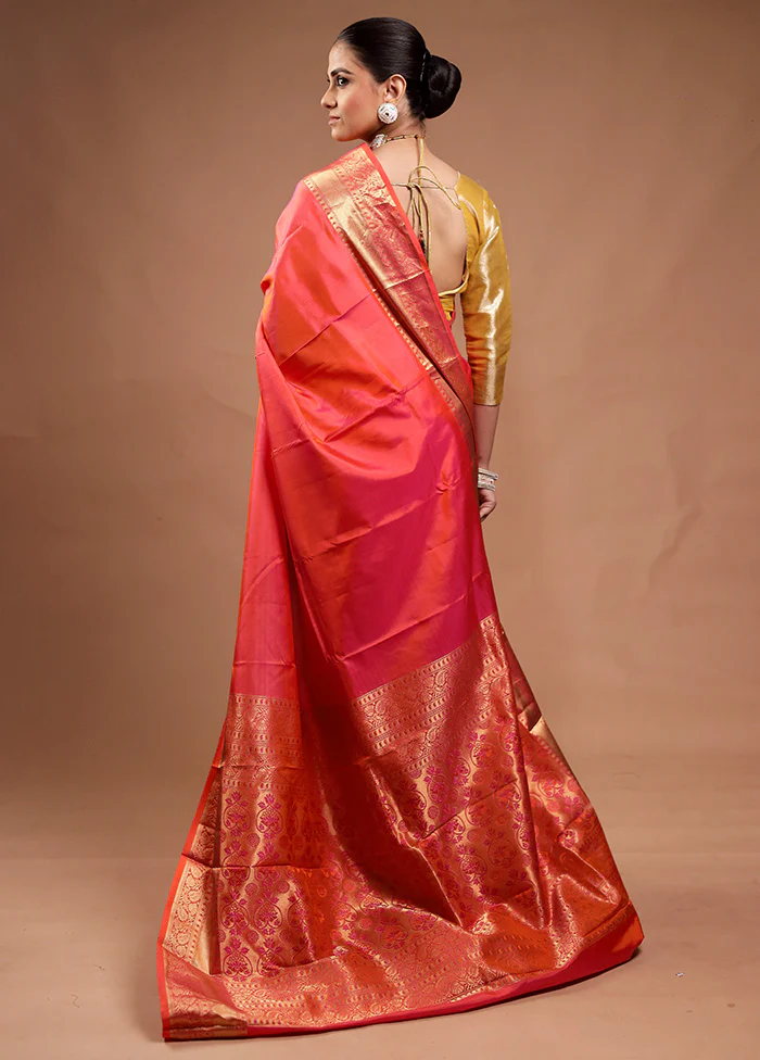 Red Handloom Kanjivaram Pure Silk Saree With Blouse Piece - Image 3