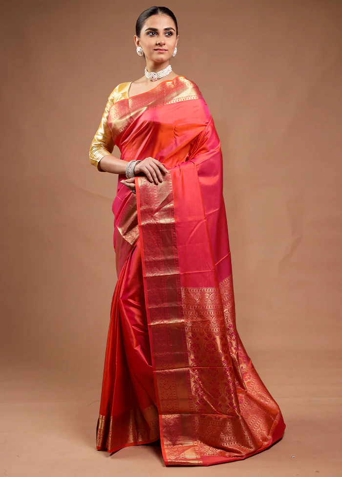 Red Handloom Kanjivaram Pure Silk Saree With Blouse Piece - Image 4