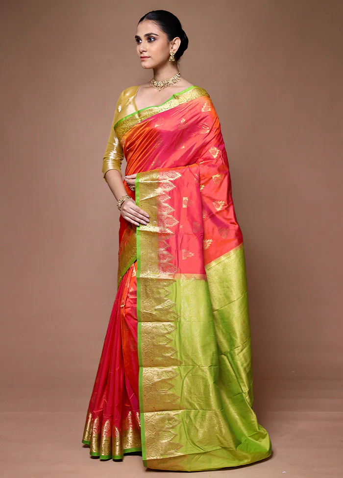 Red Handloom Kanjivaram Pure Silk Saree With Blouse Piece - Image 4