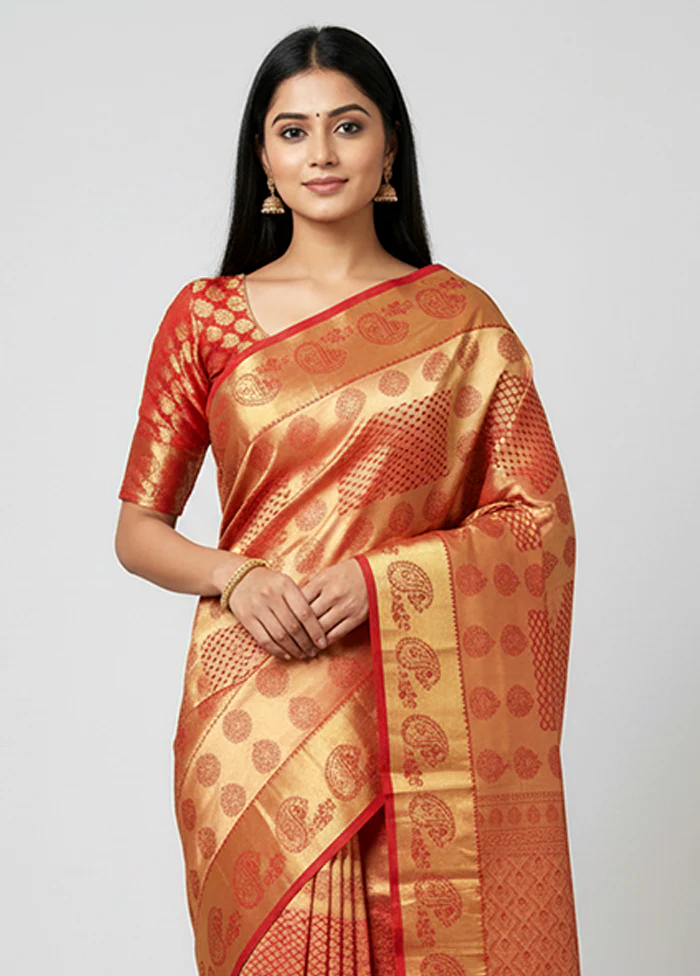 Red Handloom Kanjivaram Pure Silk Saree With Blouse Piece - Image 2