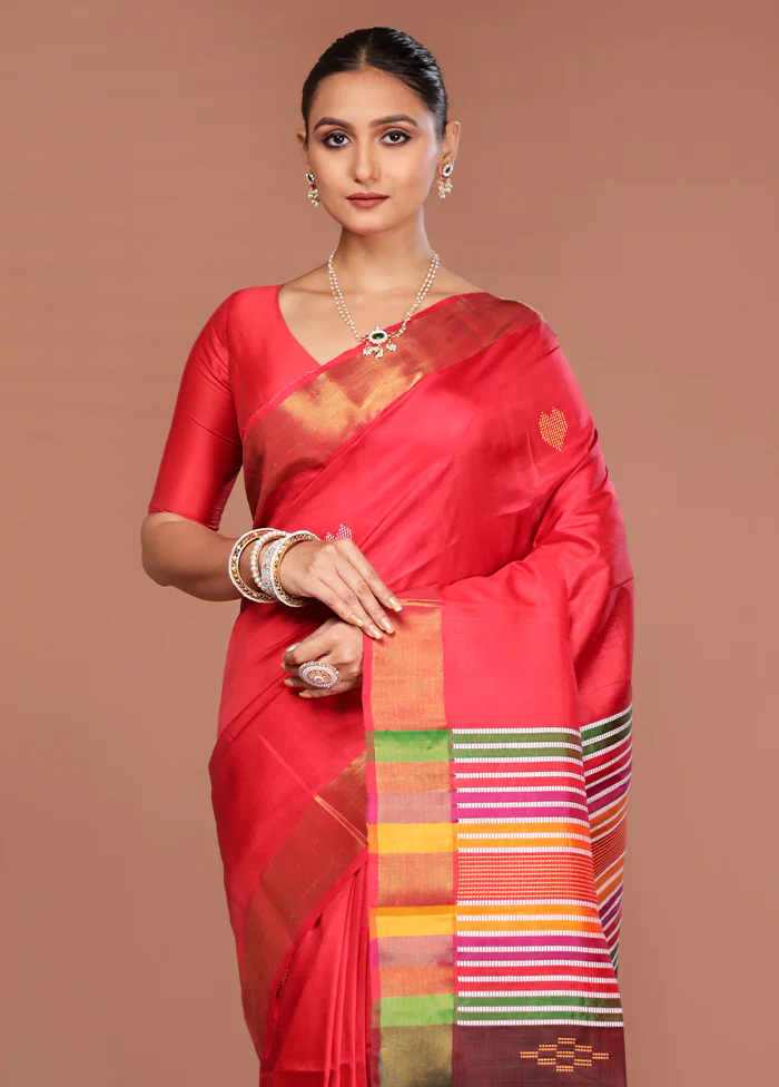 Red Handloom Kalakshetra Pure Silk Saree With Blouse Piece