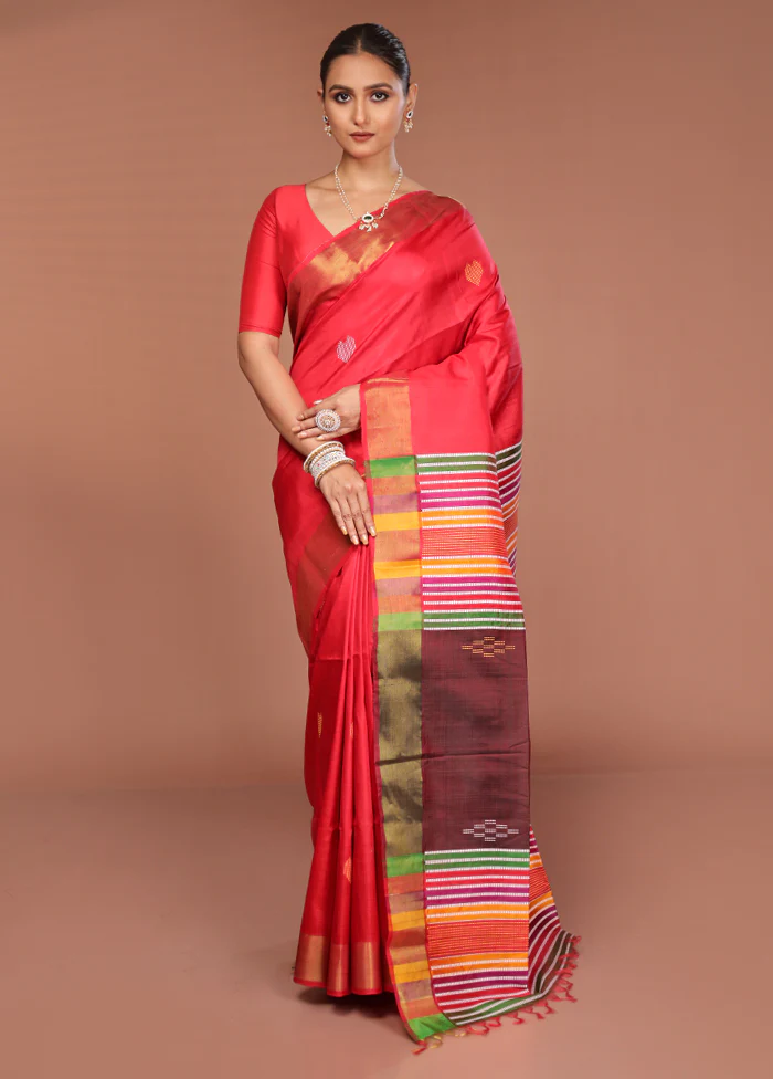 Red Handloom Kalakshetra Pure Silk Saree With Blouse Piece - Image 2