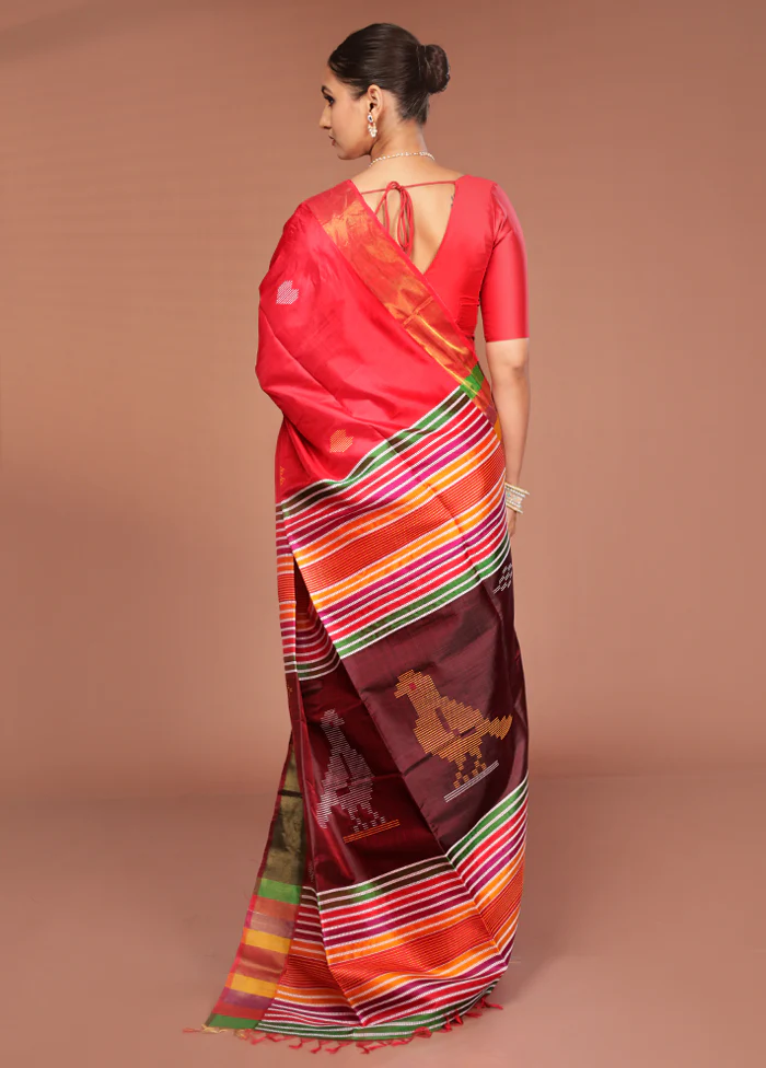 Red Handloom Kalakshetra Pure Silk Saree With Blouse Piece - Image 3