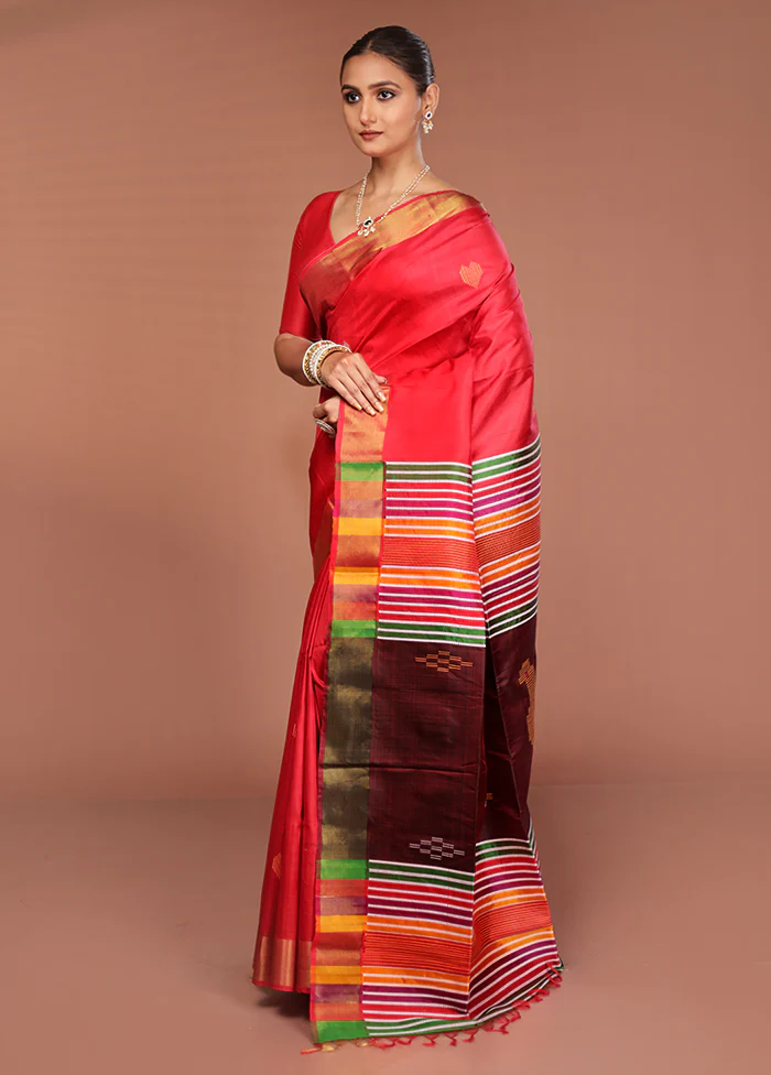 Red Handloom Kalakshetra Pure Silk Saree With Blouse Piece - Image 4