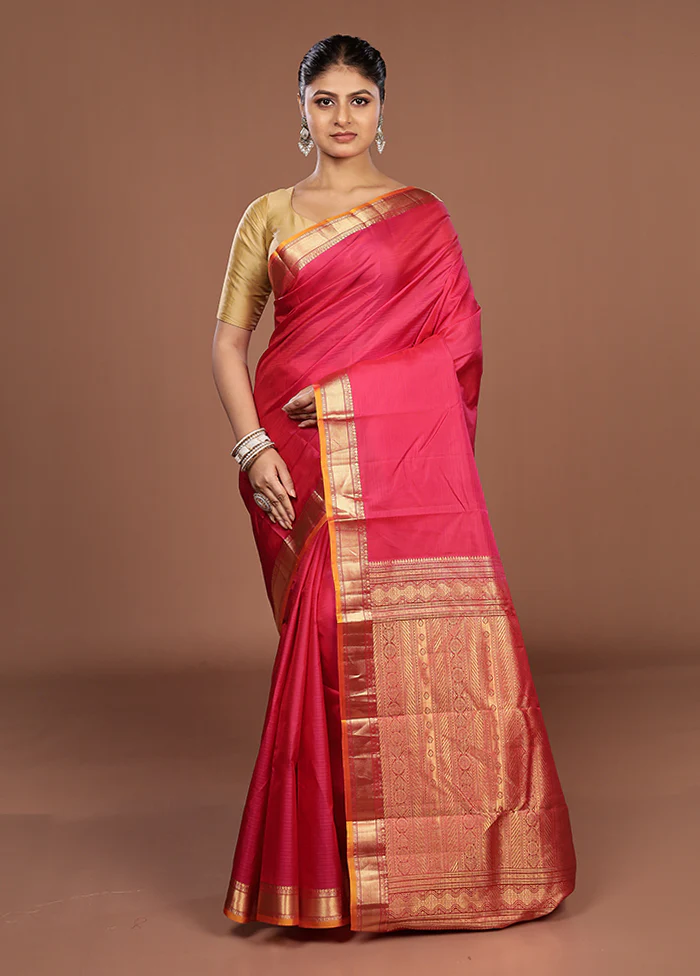 Red Handloom Kanjivaram Pure Silk Saree With Blouse Piece - Image 2