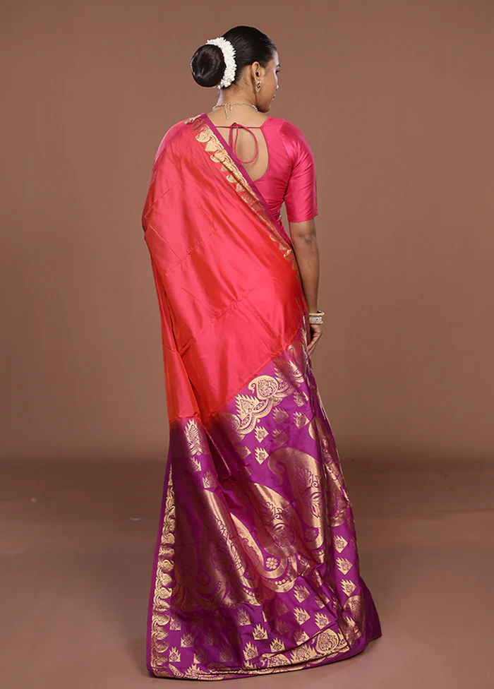 Red Handloom Kanjivaram Pure Silk Saree With Blouse Piece - Image 3