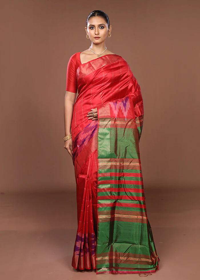 Red Handloom Kanjivaram Pure Silk Saree With Blouse Piece - Image 2