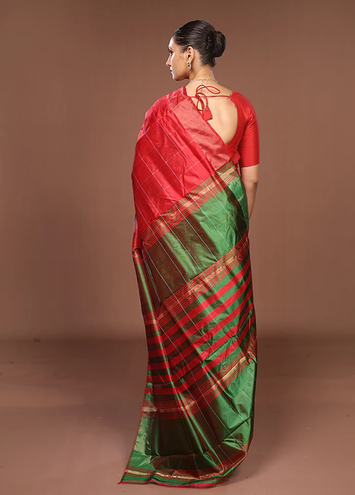 Red Handloom Kanjivaram Pure Silk Saree With Blouse Piece - Image 3