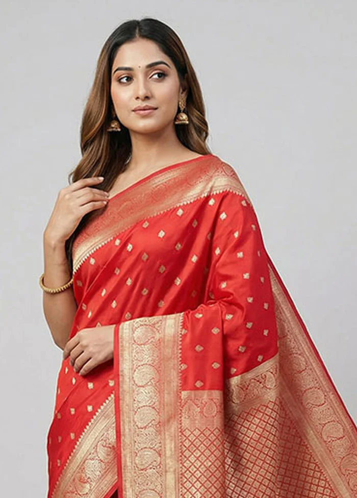 Red Handloom Kanjivaram Pure Silk Saree With Blouse Piece - Image 2