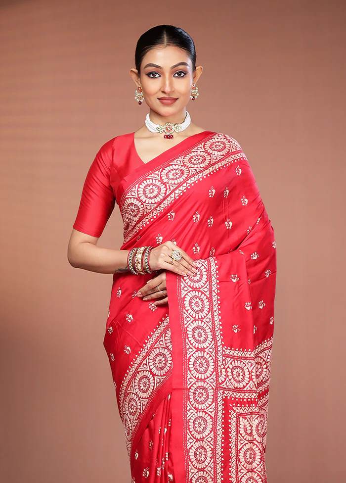 Red Handloom Kantha Stitch Pure Silk Saree With Blouse Piece