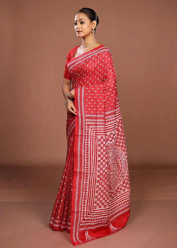 Red Handloom Kantha Stitch Pure Silk Saree With Blouse Piece - Image 4