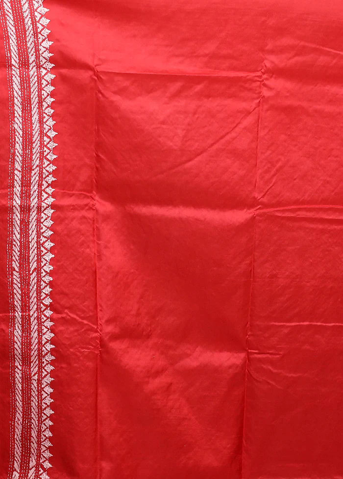 Red Handloom Kantha Stitch Pure Silk Saree With Blouse Piece - Image 5