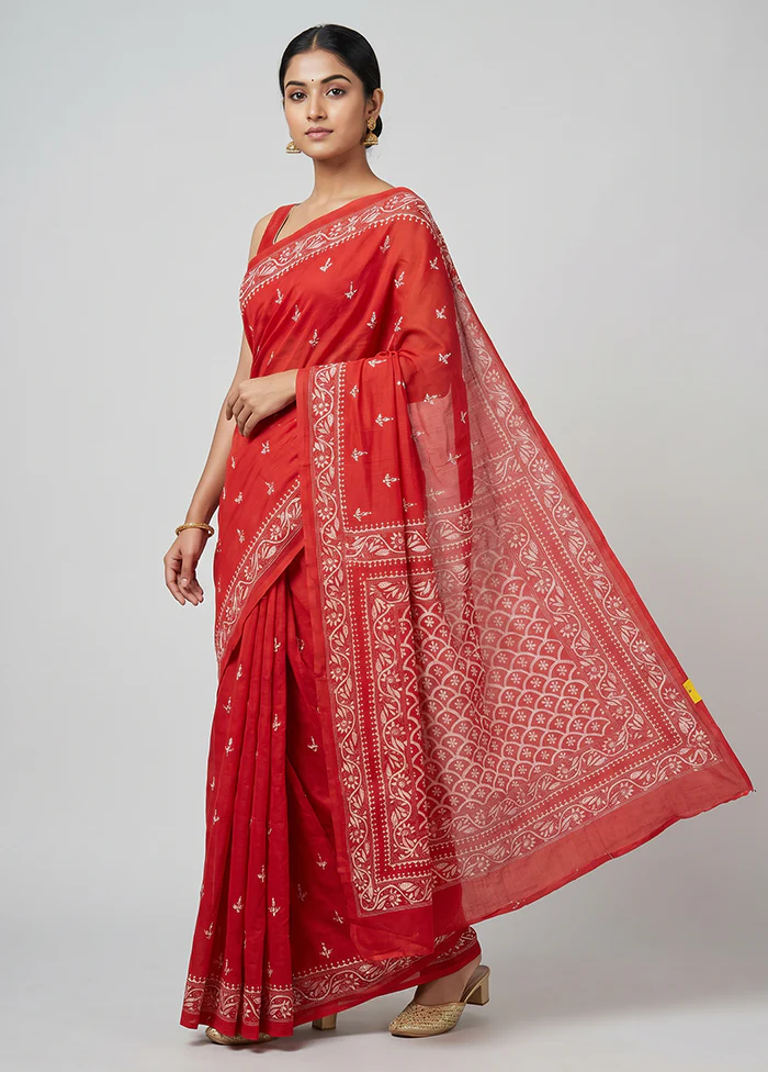 Red Handloom Kantha Stitch Pure Silk Saree With Blouse Piece