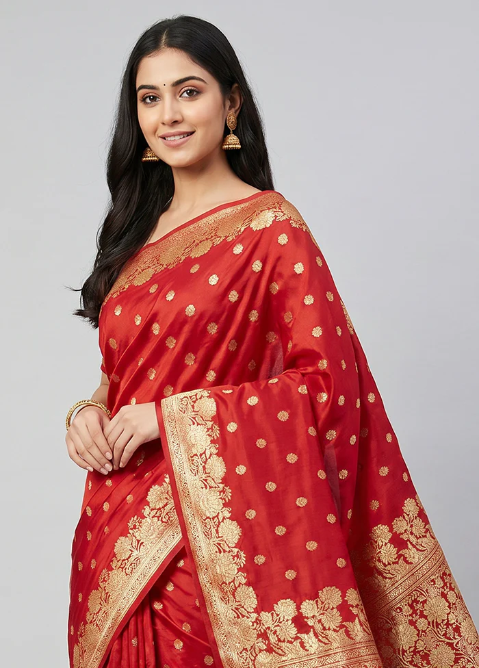 Red Handloom Katan Pure Silk Saree With Blouse Piece - Image 2
