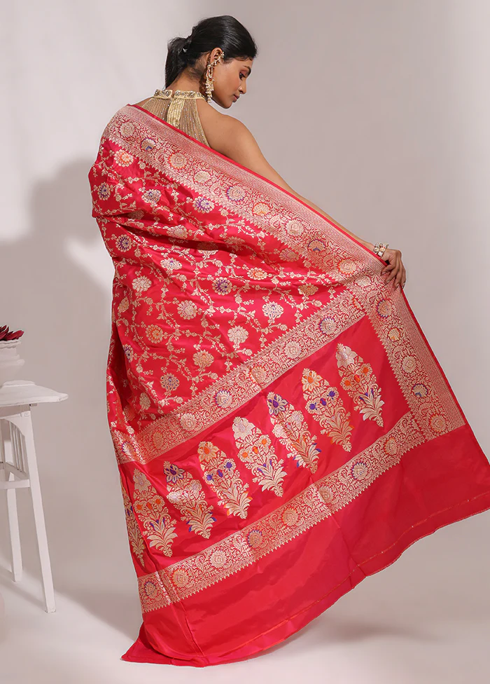 Red Handloom Katan Pure Silk Saree With Blouse Piece - Image 3