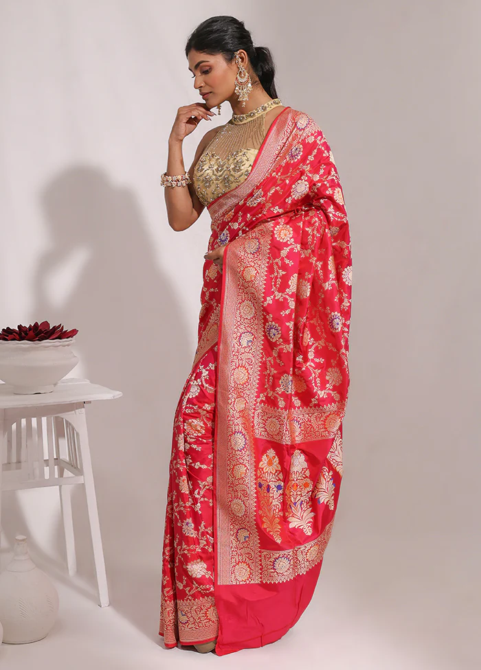 Red Handloom Katan Pure Silk Saree With Blouse Piece - Image 4