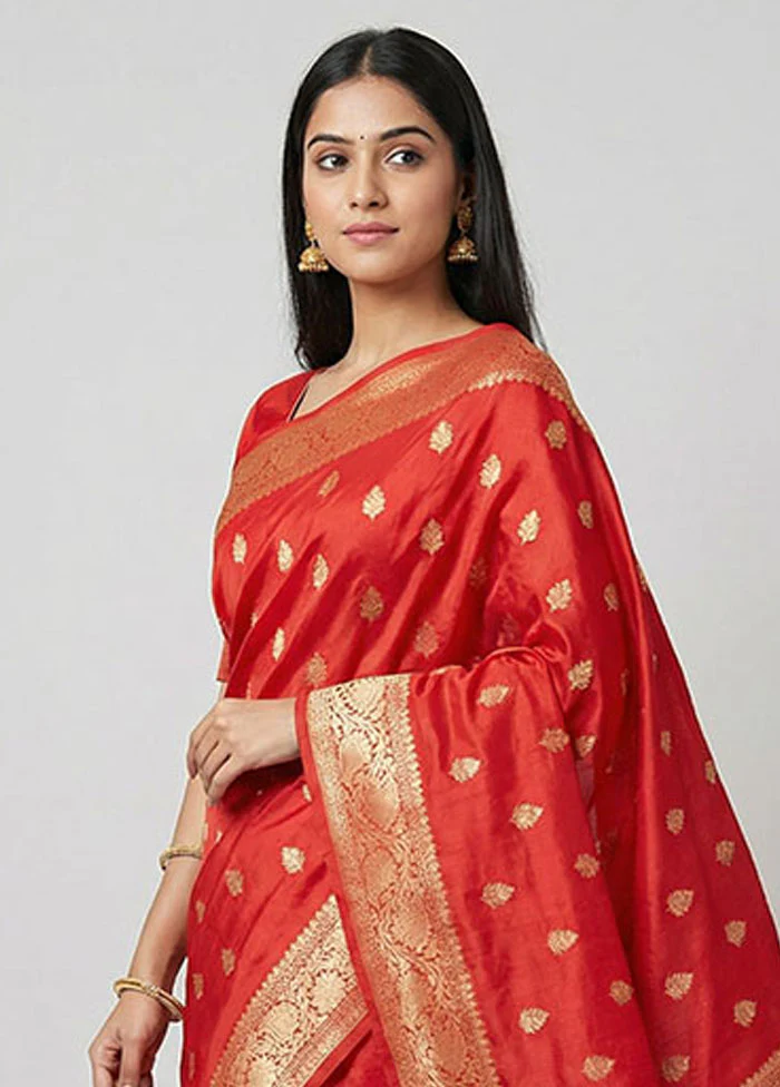 Red Handloom Katan Pure Silk Saree With Blouse Piece - Image 2
