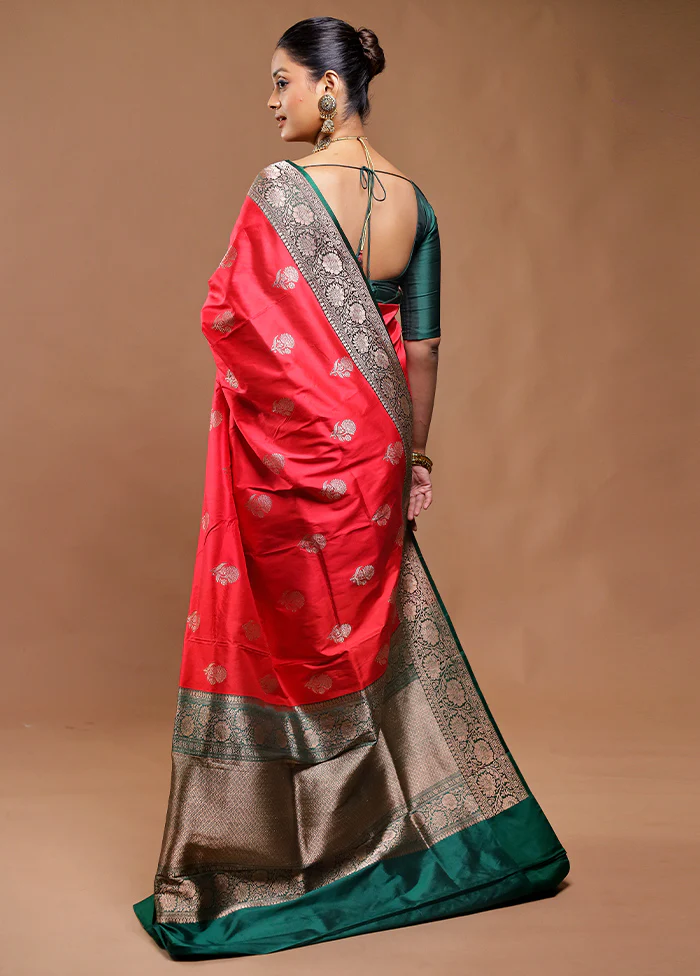 Red Handloom Katan Pure Silk Saree With Blouse Piece - Image 3