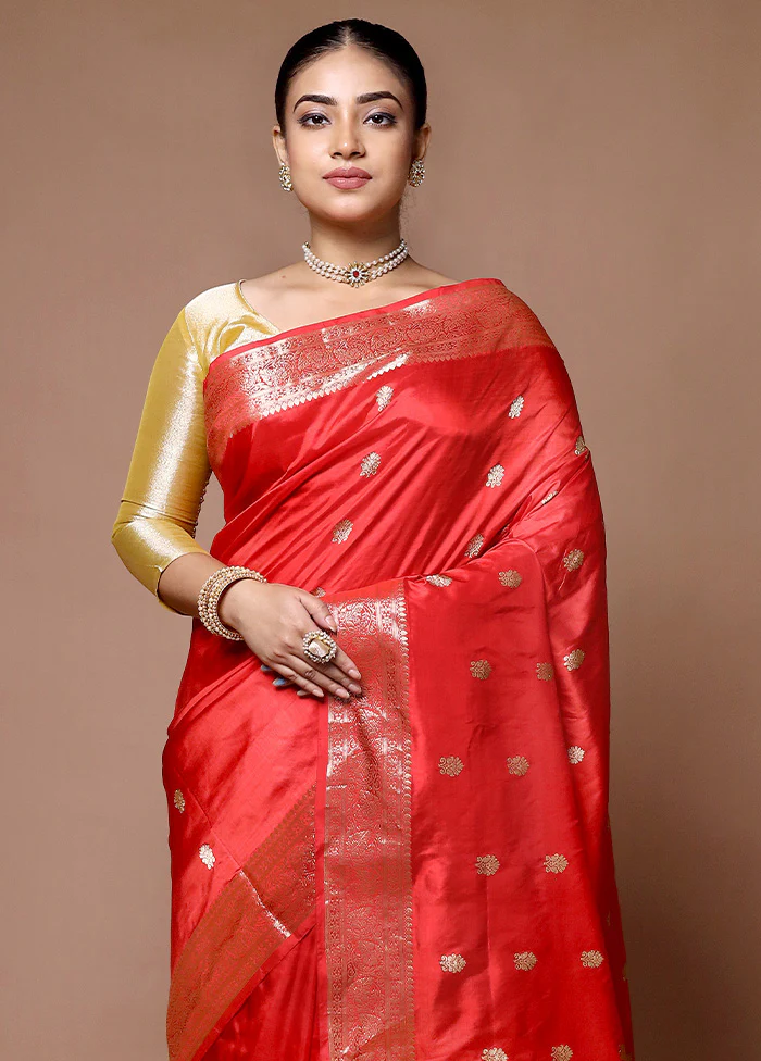 Red Handloom Katan Pure Silk Saree With Blouse Piece - Image 2