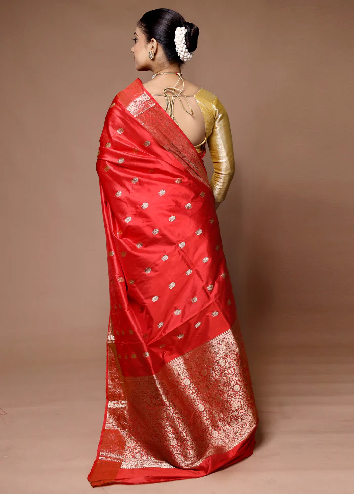 Red Handloom Katan Pure Silk Saree With Blouse Piece - Image 3