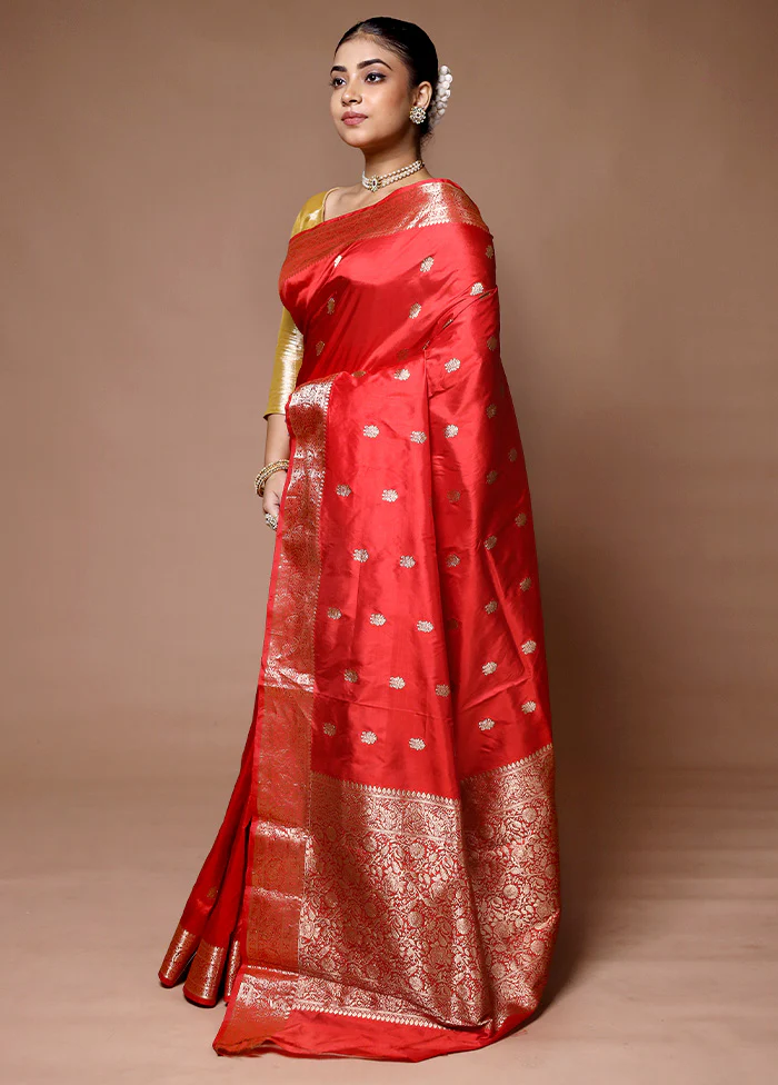 Red Handloom Katan Pure Silk Saree With Blouse Piece - Image 4