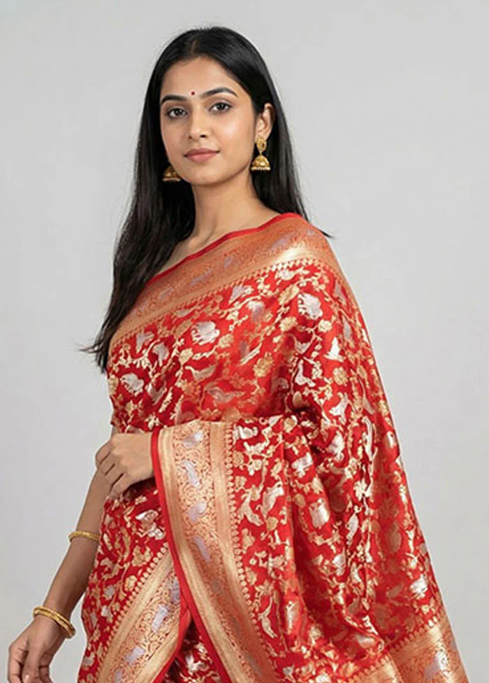 Red Handloom Katan Pure Silk Saree With Blouse Piece - Image 2