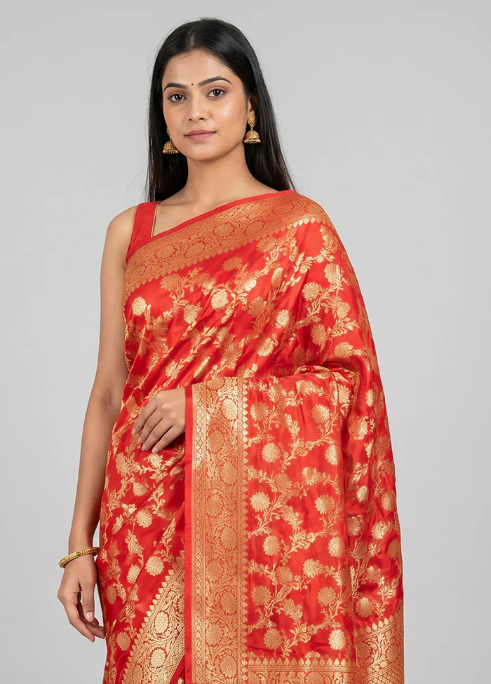 Red Handloom Katan Pure Silk Saree With Blouse Piece - Image 2
