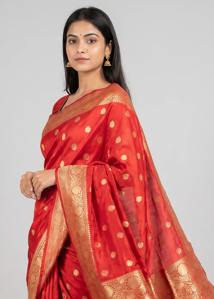 Red Handloom Katan Pure Silk Saree With Blouse Piece - Image 2