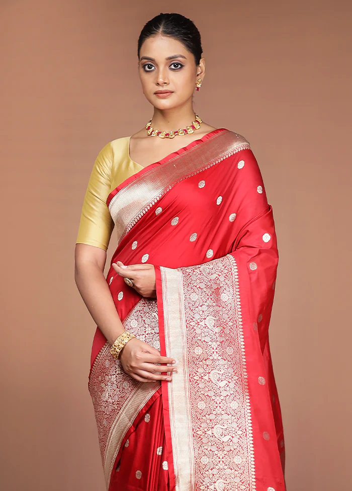 Red Handloom Katan Pure Silk Saree With Blouse Piece