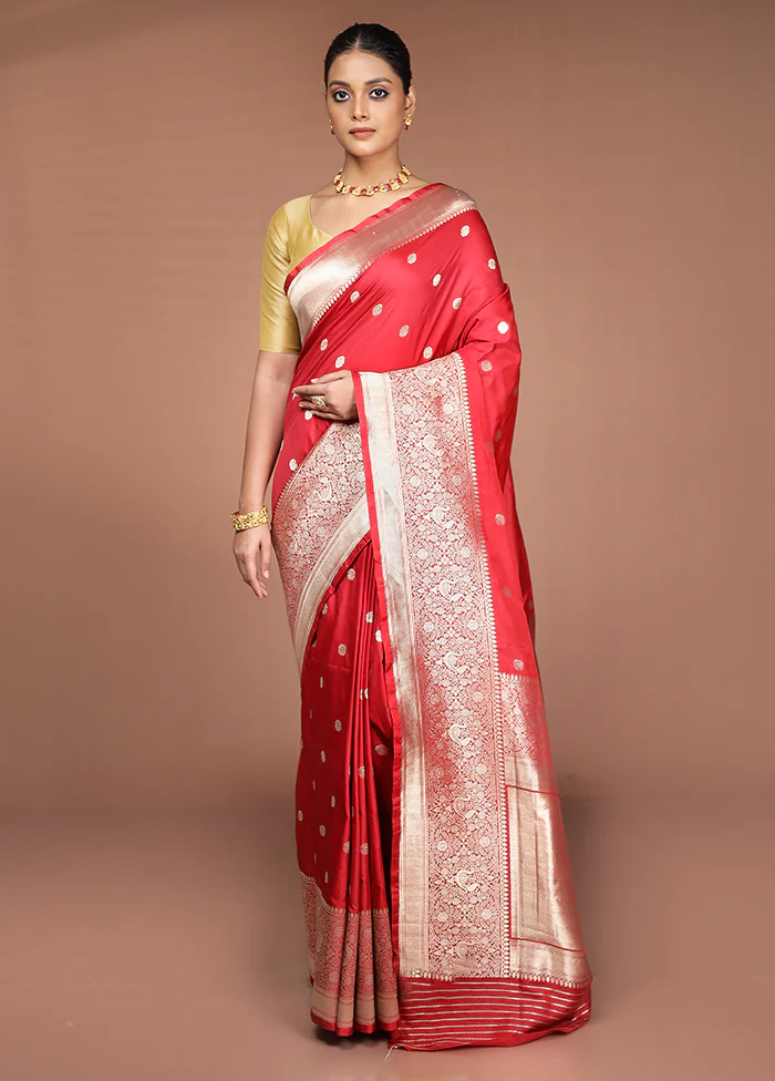 Red Handloom Katan Pure Silk Saree With Blouse Piece - Image 2