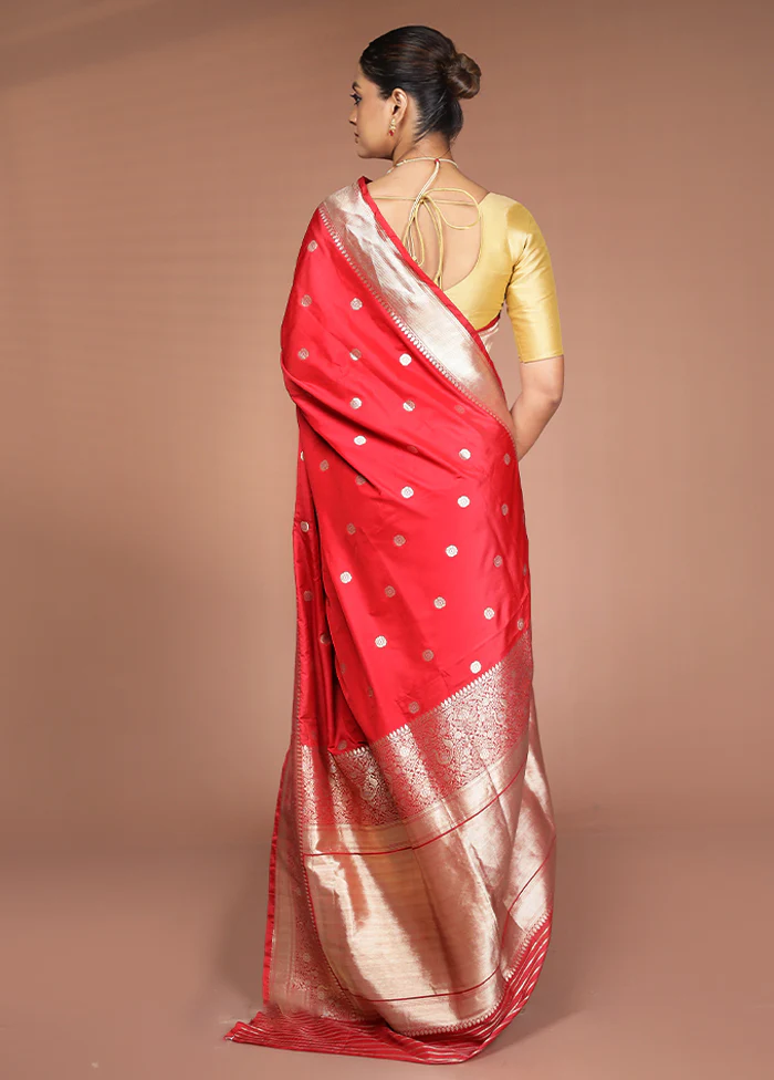 Red Handloom Katan Pure Silk Saree With Blouse Piece - Image 3