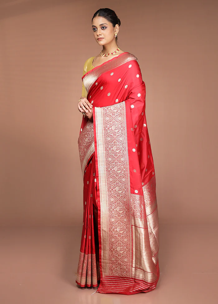 Red Handloom Katan Pure Silk Saree With Blouse Piece - Image 4