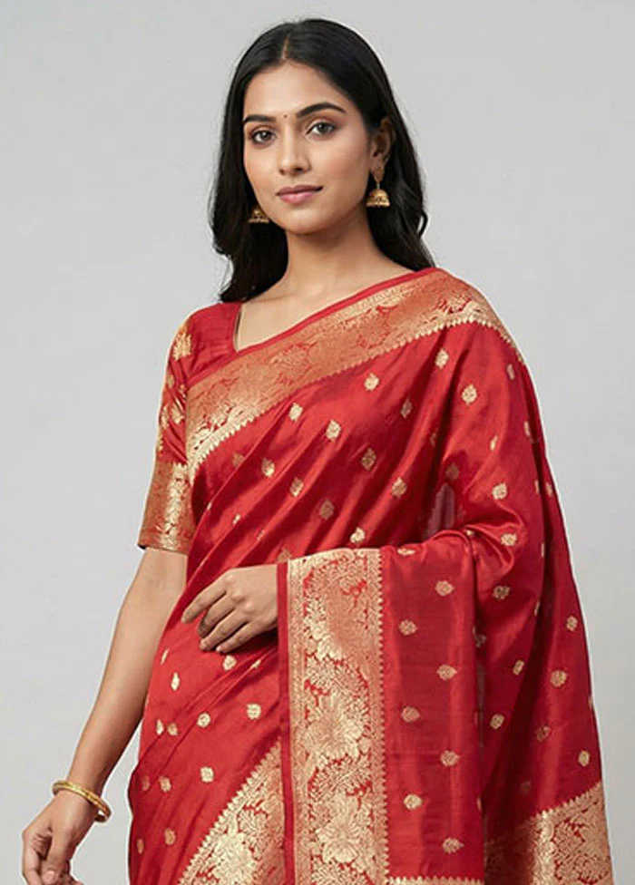 Red Handloom Katan Pure Silk Saree With Blouse Piece - Image 2